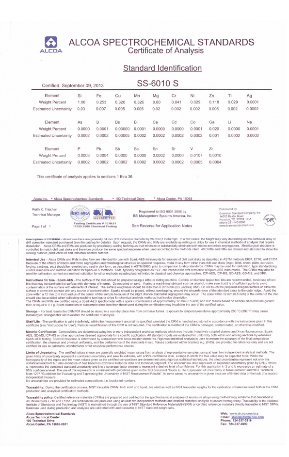 進口美國鋁業鋁合金光譜標樣AA SS-6010證書