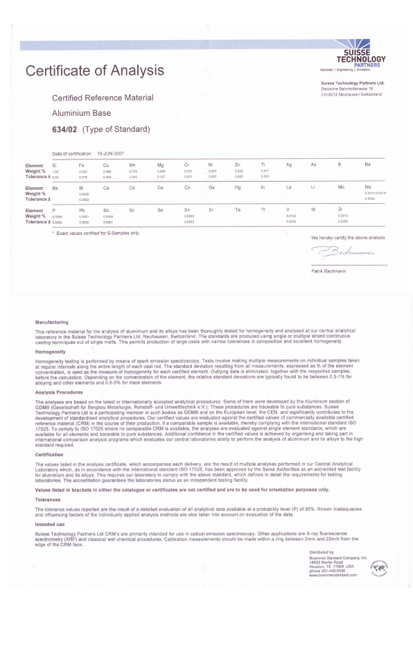 進口瑞士鋁業鋁合金光譜標樣 AL 634/02標樣證書
